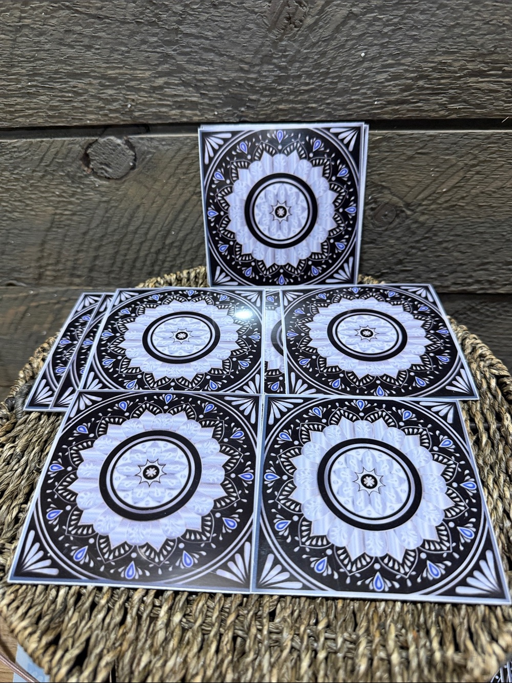 Set of 15 Black & White Mandala Decorative Tiles Peel & Stick Art Decals 4" x 4"